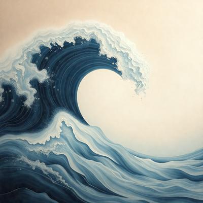 The primary subject of the image is a large wave, which is the main focus of the scene. The wave is depicted in a painting or drawing, giving it a more artistic and detailed appearance. The setting is a beach, with the ocean as the background. The visual style is a combination of photo-realism and artistic expression, creating a dynamic and engaging scene. The colors and mood of the image are predominantly blue, which adds to the overall atmosphere of the painting or drawing.